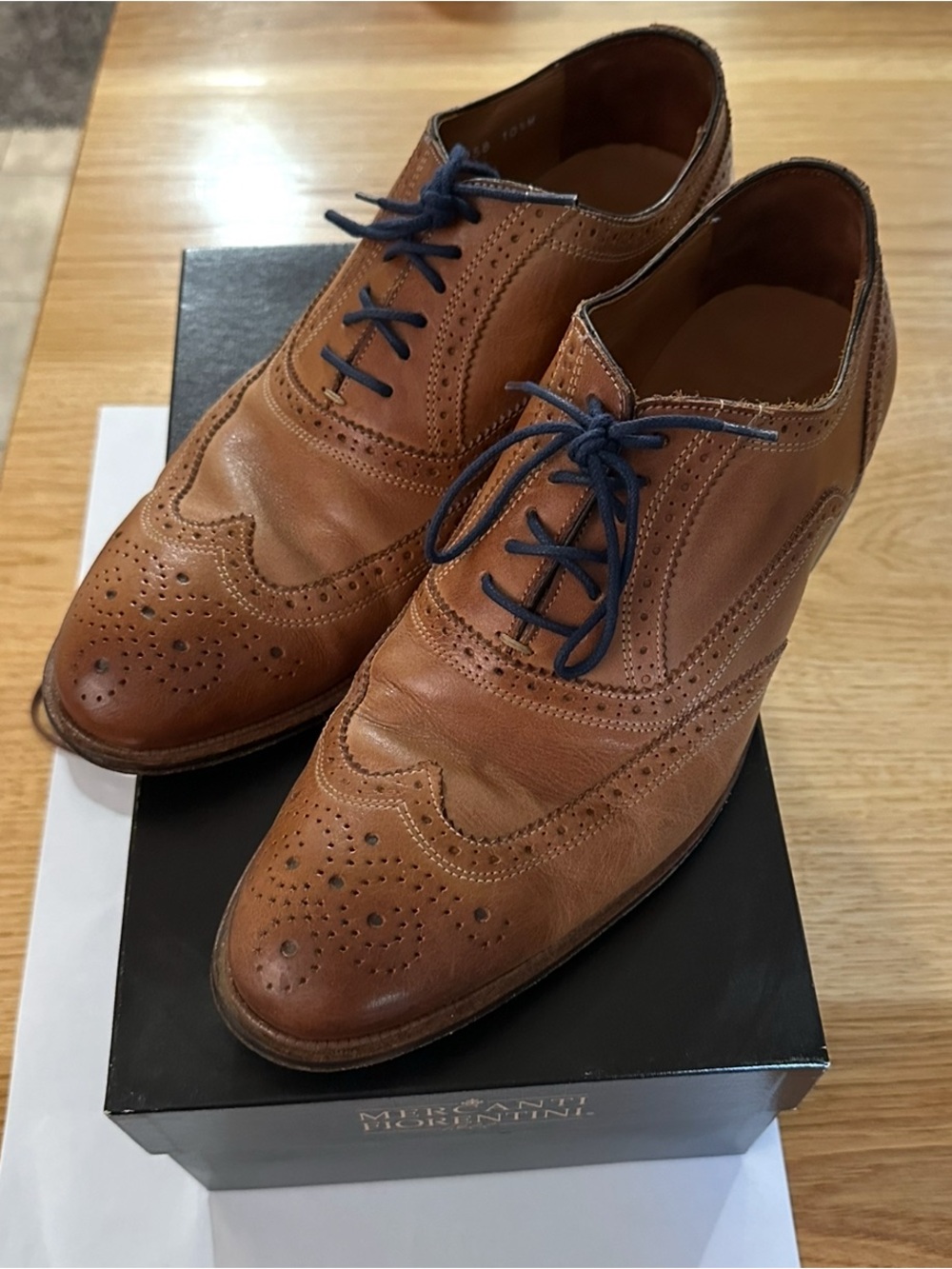Mercanti Fiorentini Tan Leather Wingtip Oxfords with Navy Laces